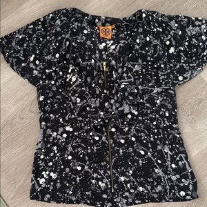 Tory Burch Black White Splatter Zip-Front Blouse